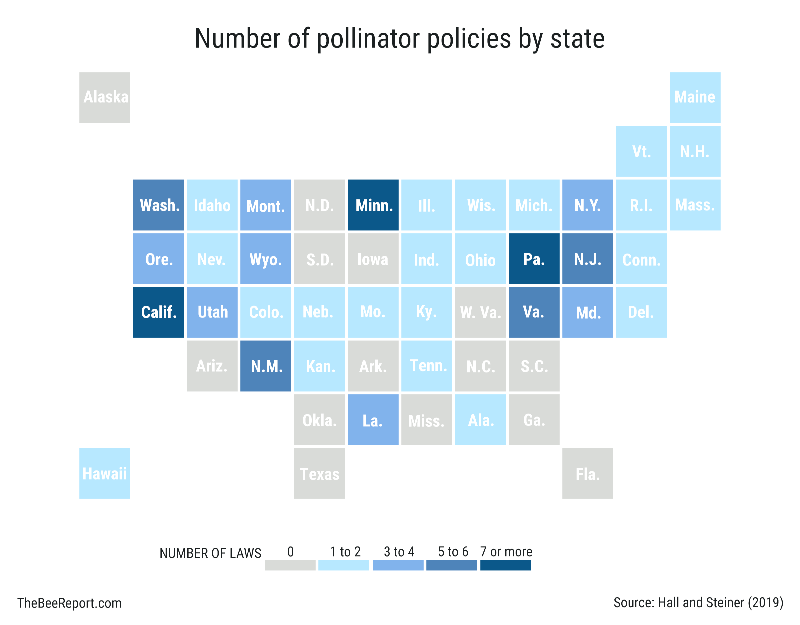 Map showing the number of pollinator policies in each state.