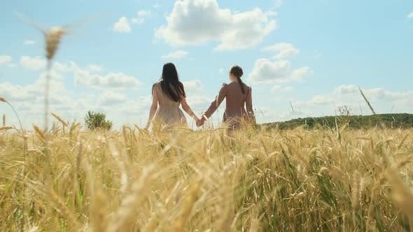 Two Enchanting Women Walking Holding Hands in Wheat Field in Beautiful  Dresses by VetalVit
