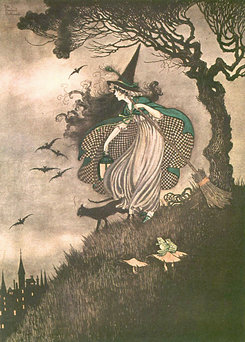 A witch and her familiars, a cat and two toads, stand on a windswept hillside