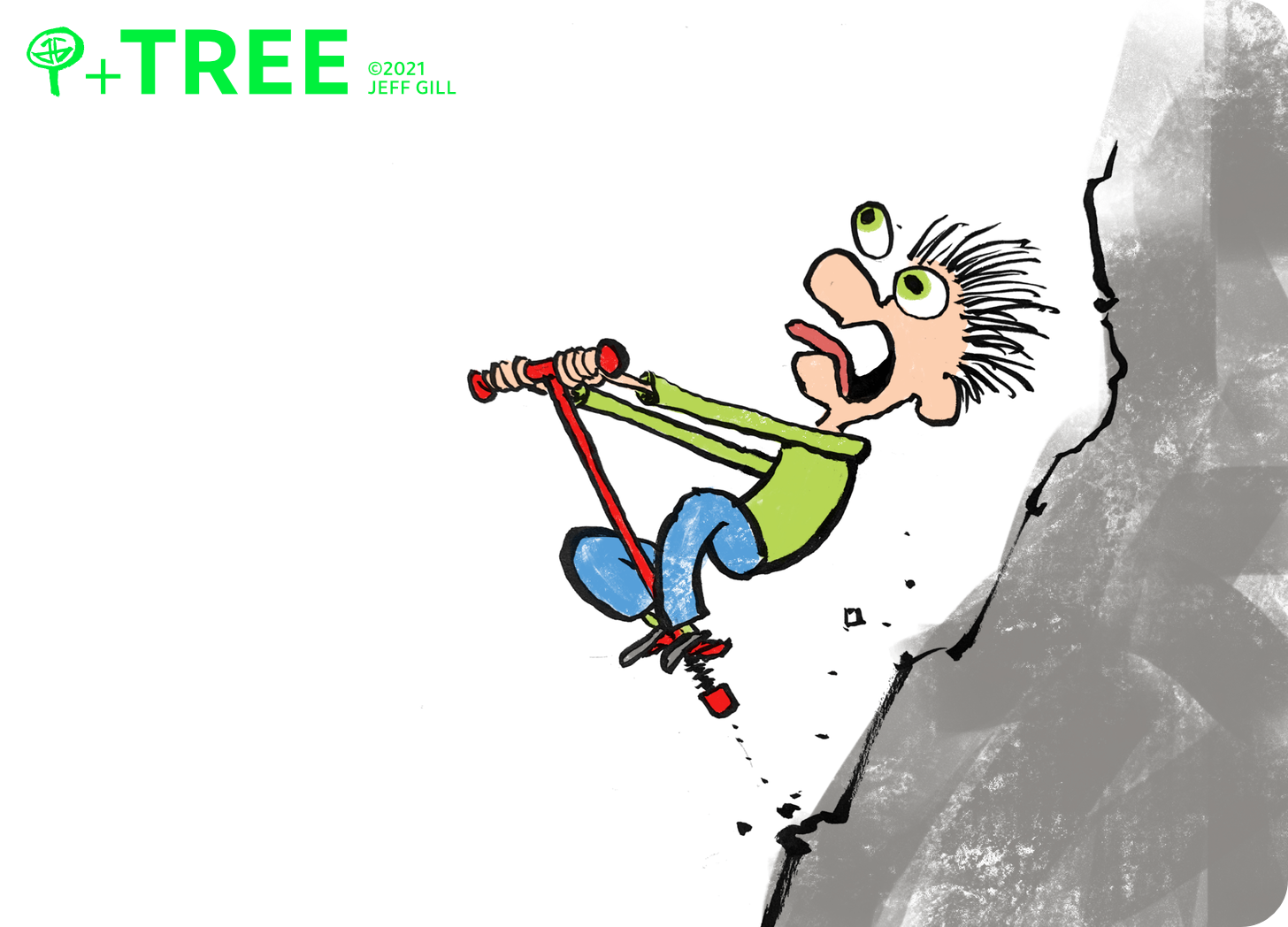 A distressed man rides a pogo stick down a near-vertical rocky slope