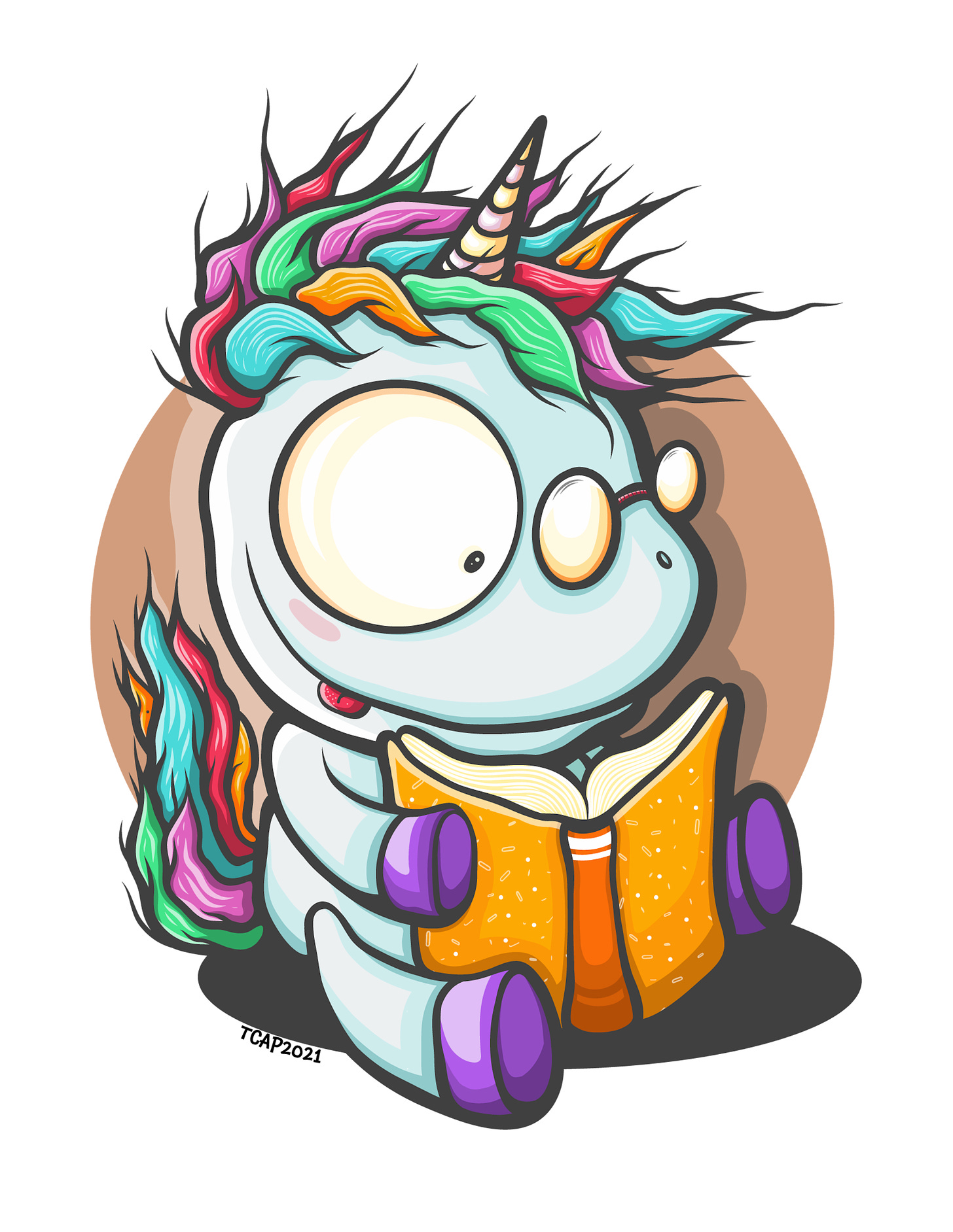 cartoon unicorn reading a book