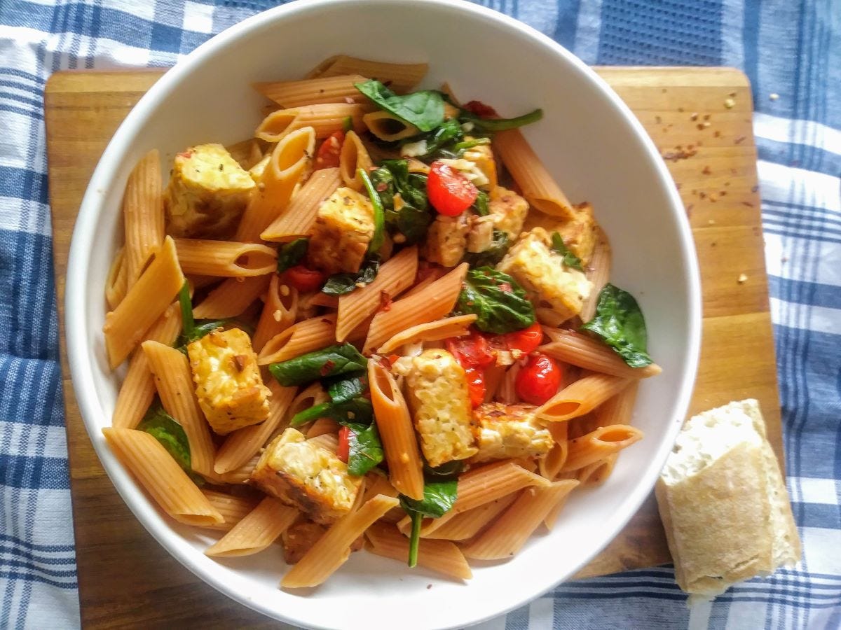 lentil pasta with tempeh and vegetables