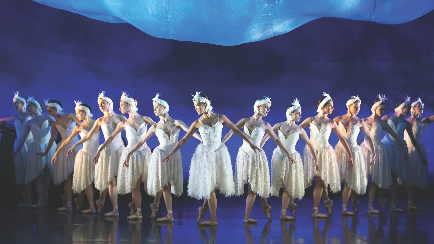 Iconic image of a Swan Lake corps de ballet lined up against a background of blue hills.