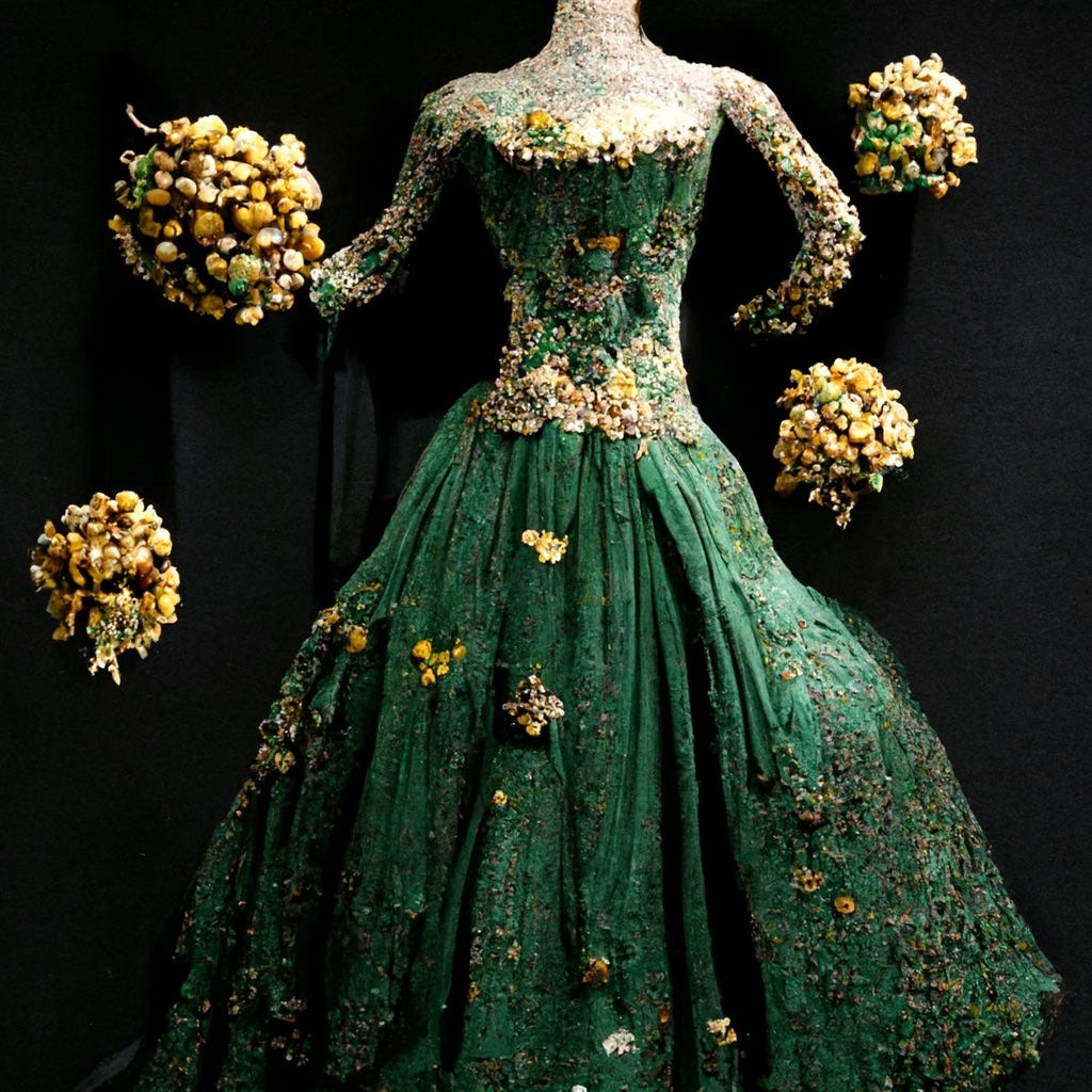 “her dress was a dazzling green silk, with wheat stems embroidered all over in gold thread with tiny wildflowers made of tiny coloured jewels scattered amongst them”