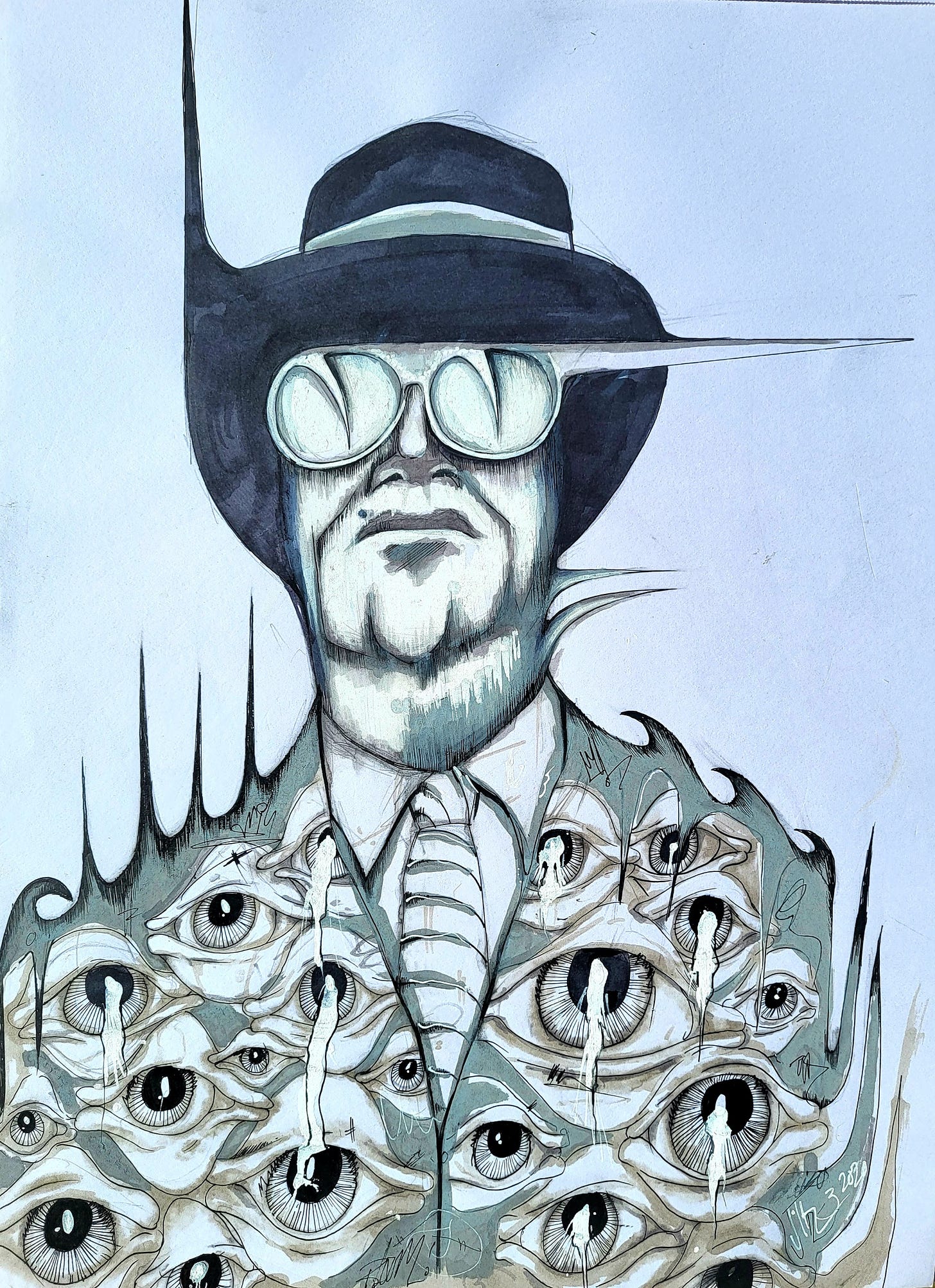 Drawing: a man wearing a suit full of eyes, glasses, and a hat, everything (including the man) with spiky extrusions
