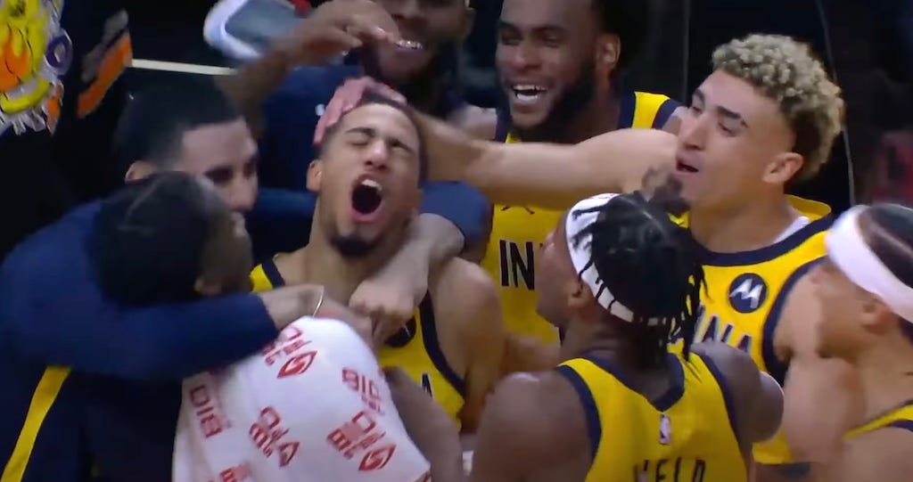 Teammates celebrated Tyrese Haliburton after he nailed the game-winning 3 in Miami.