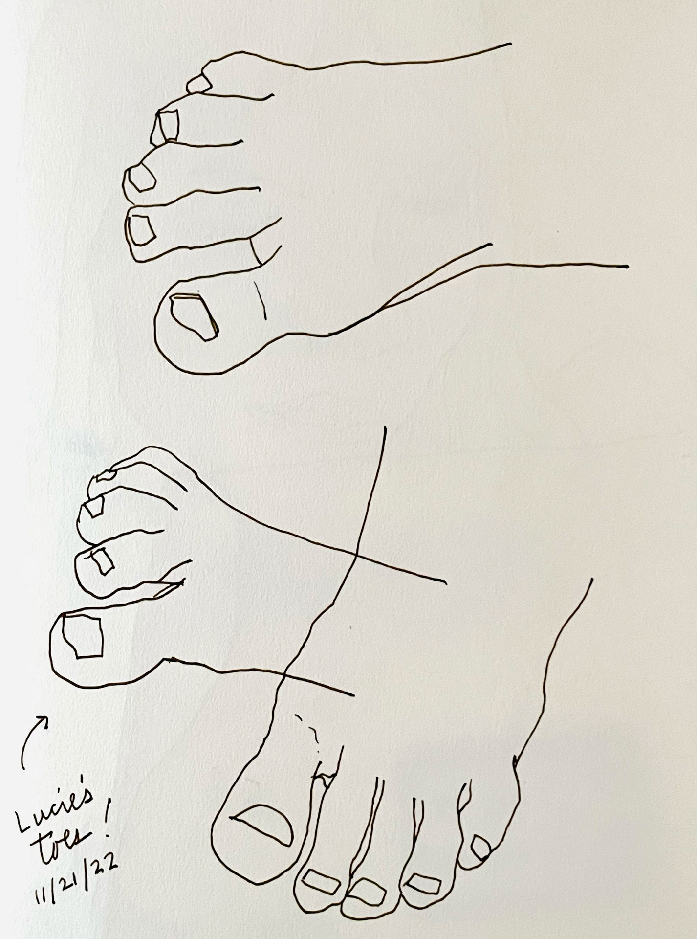 A line drawing of toes and feet