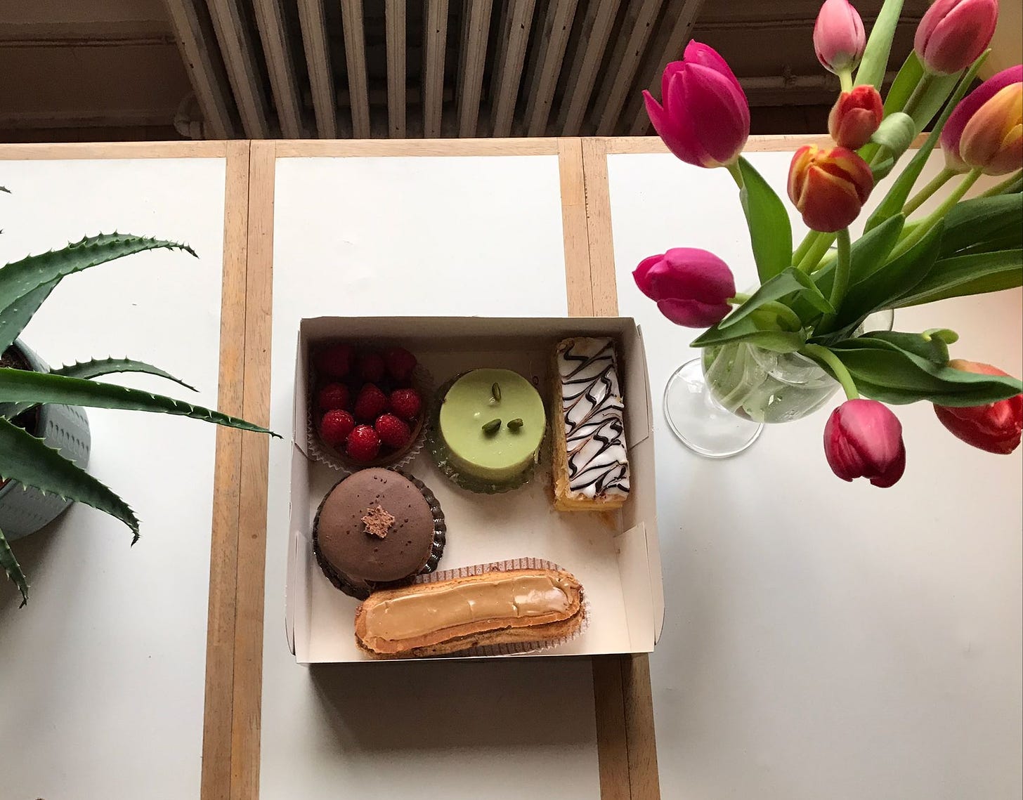 A box of assorted French patisseries, including a giant chocolate macaron and raspberry tarte on a table alongside a vase of roses and an aloe plant