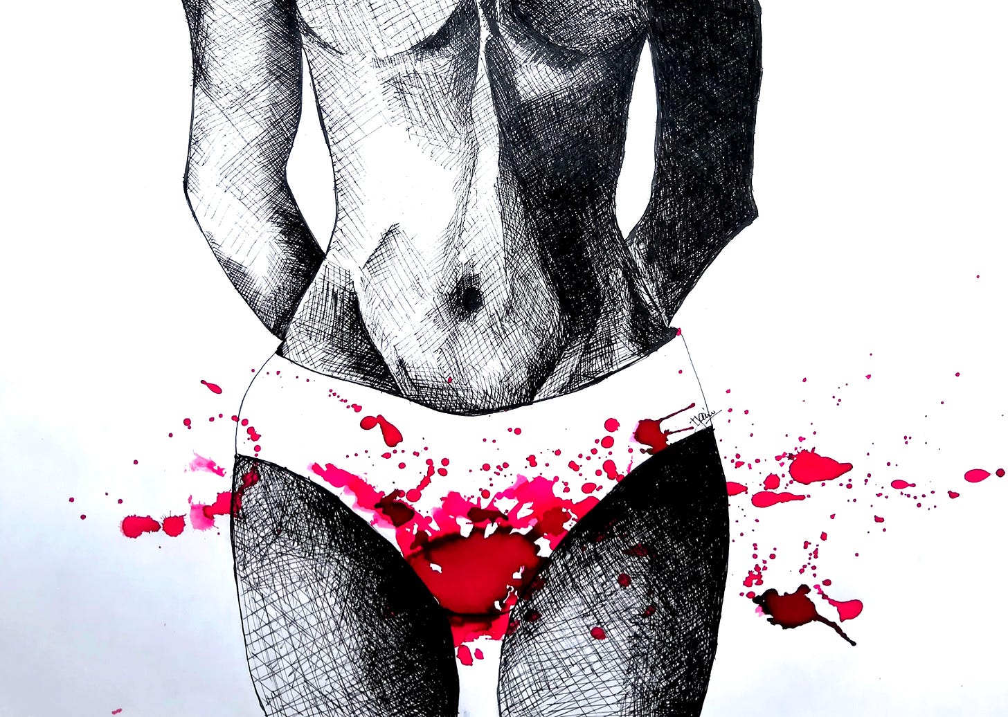 sketch drawing of a woman's torso wearing white panties and splashed with red paint