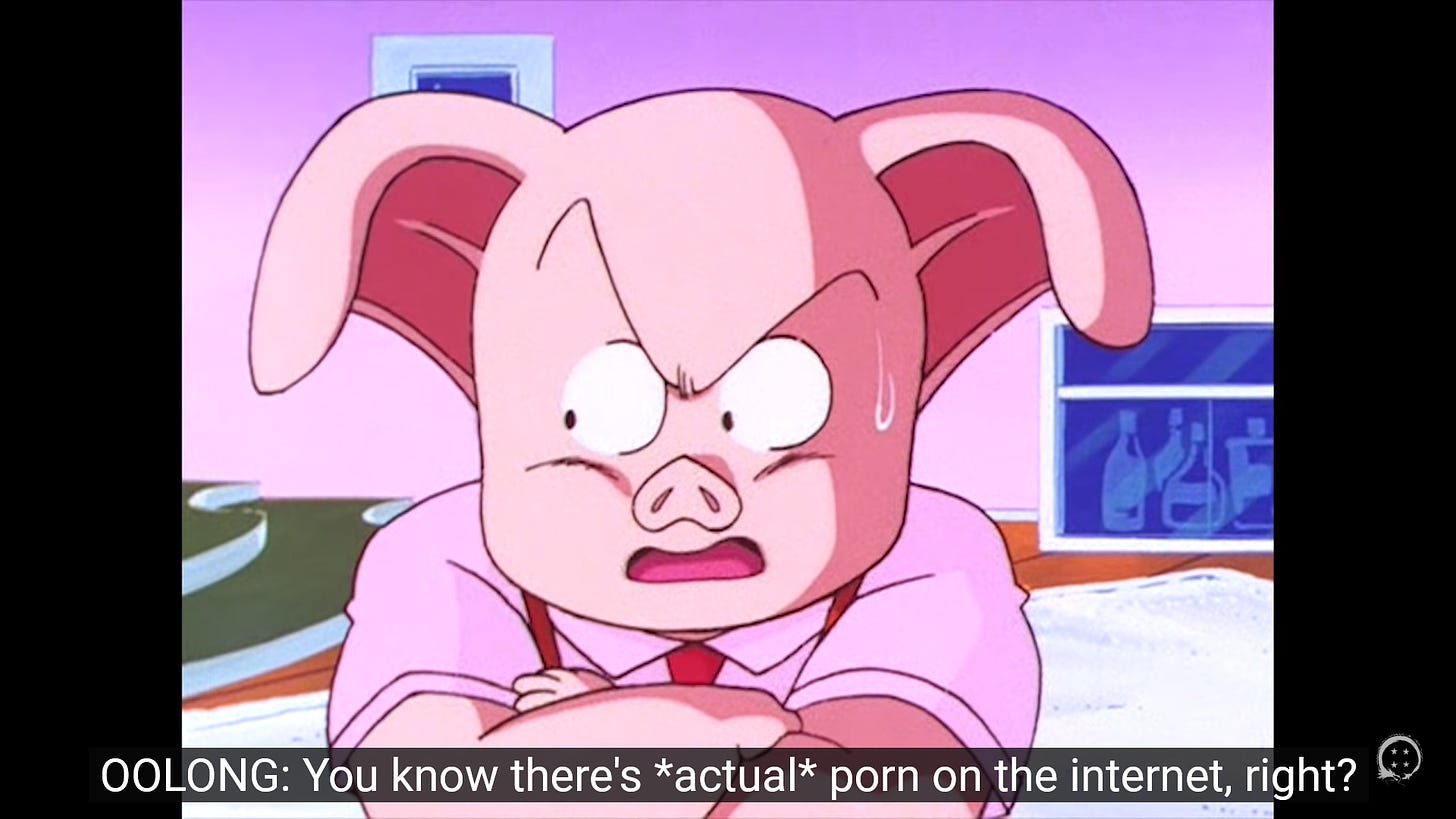 Oolong — a half-man, half-pig — stands with his arms crossed and an annoyed expression on his face and says, "You know there's *actual* porn on the internet, right?" (Source: Dragon Ball Z Abridged Episode 54)