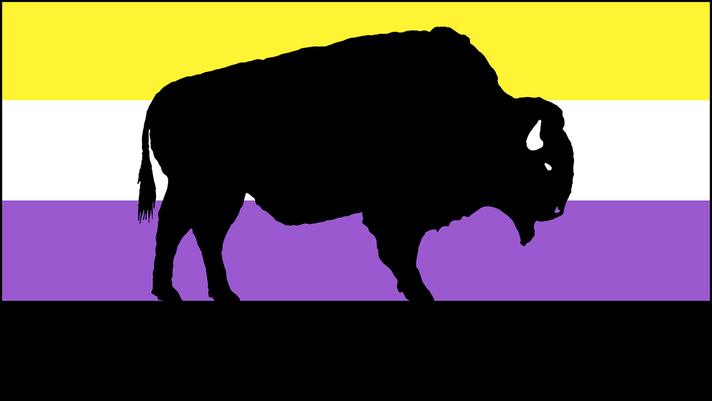 Decorative. A bison silhouette stands before the yellow, white, purple and black nonbinary flag.