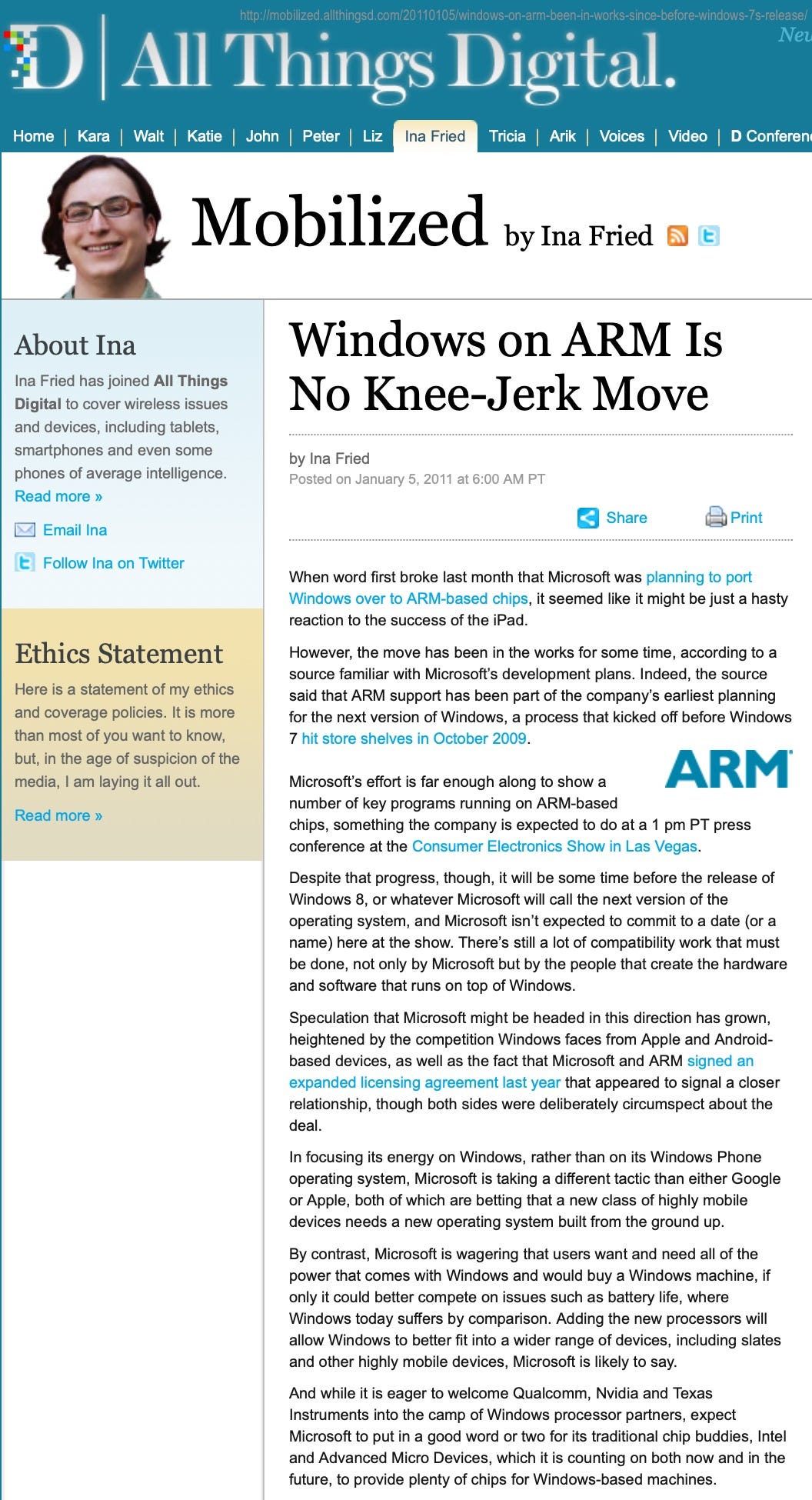Story from January 5, 2011 "Windows on ARM is No Knee Jerk Move" by Ina Fried.