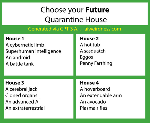 Theme: Future

House 1:
A cybernetic limb
Superhuman intelligence
An android
A battle tank

House 2:
A hot tub
A sasquatch
Eggos
Penny Farthing

House 3:
A cerebral jack
Cloned organs
An advanced AI
An extraterrestrial

House 4:
A hoverboard
An extendable arm
An avocado
Plasma rifles