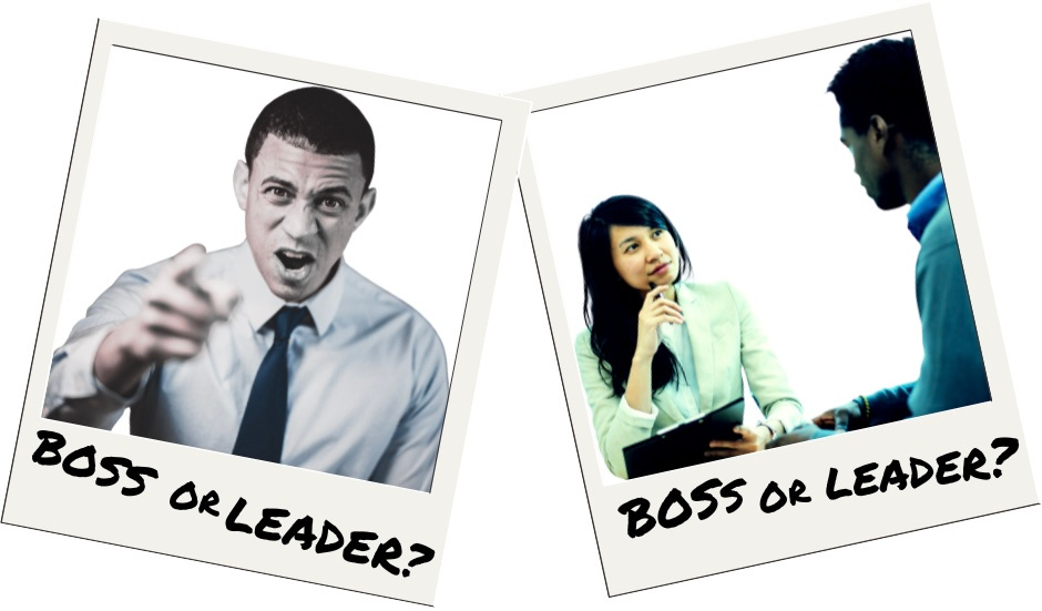 A photo of a shouting boss and a photo of listening leader, both with the caption, “boss or leader?”