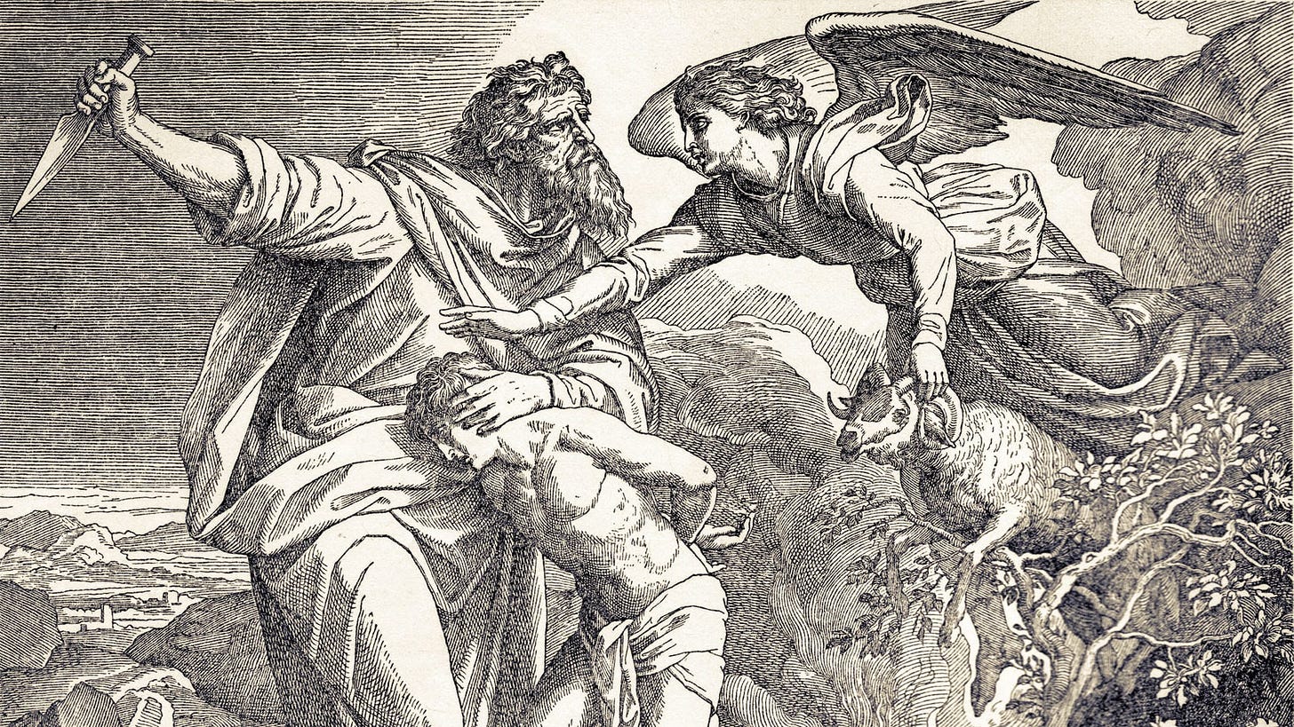An angel stopping Abraham from killing Isaac - black and white