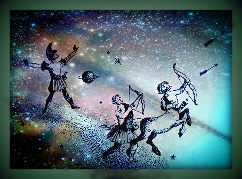 An illustration of three hunters - one a centaur archer, one a regular archer, and one a swordsman - against a background of stars.