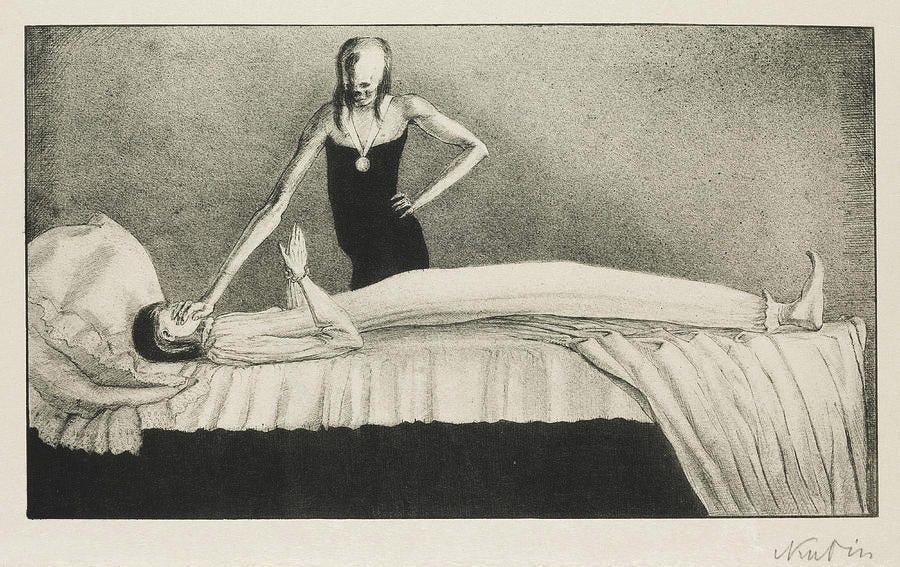 Pintura em tons de cinza, um pessoa enferma numa cama tem o rosto coberto por uma mão de uma mulher de rosto de caveira que está ao lado da cama