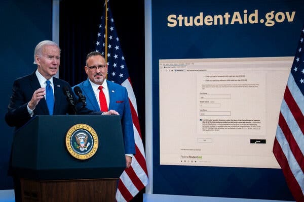 President Biden and Education Secretary Miguel A. Cardona giving an update on applying for student debt relief. More than 12 million people have applied for debt cancellation.