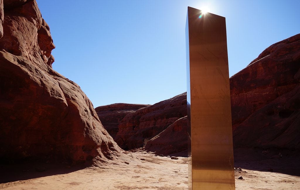 (Zak Podmore | The Salt Lake Tribune) A nearly 10-foot tall steel sculpture that was discovered in a remote canyon in San Juan County in mid-November drew attention from around the world, triggering a great debate over who created it and what its fate should be.