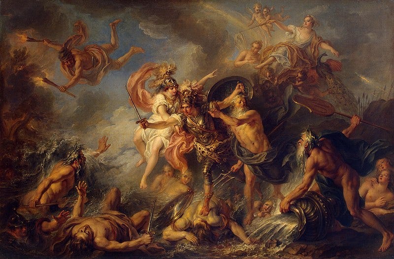 Poseidon and Athena support Achilles in the Trojan War.
