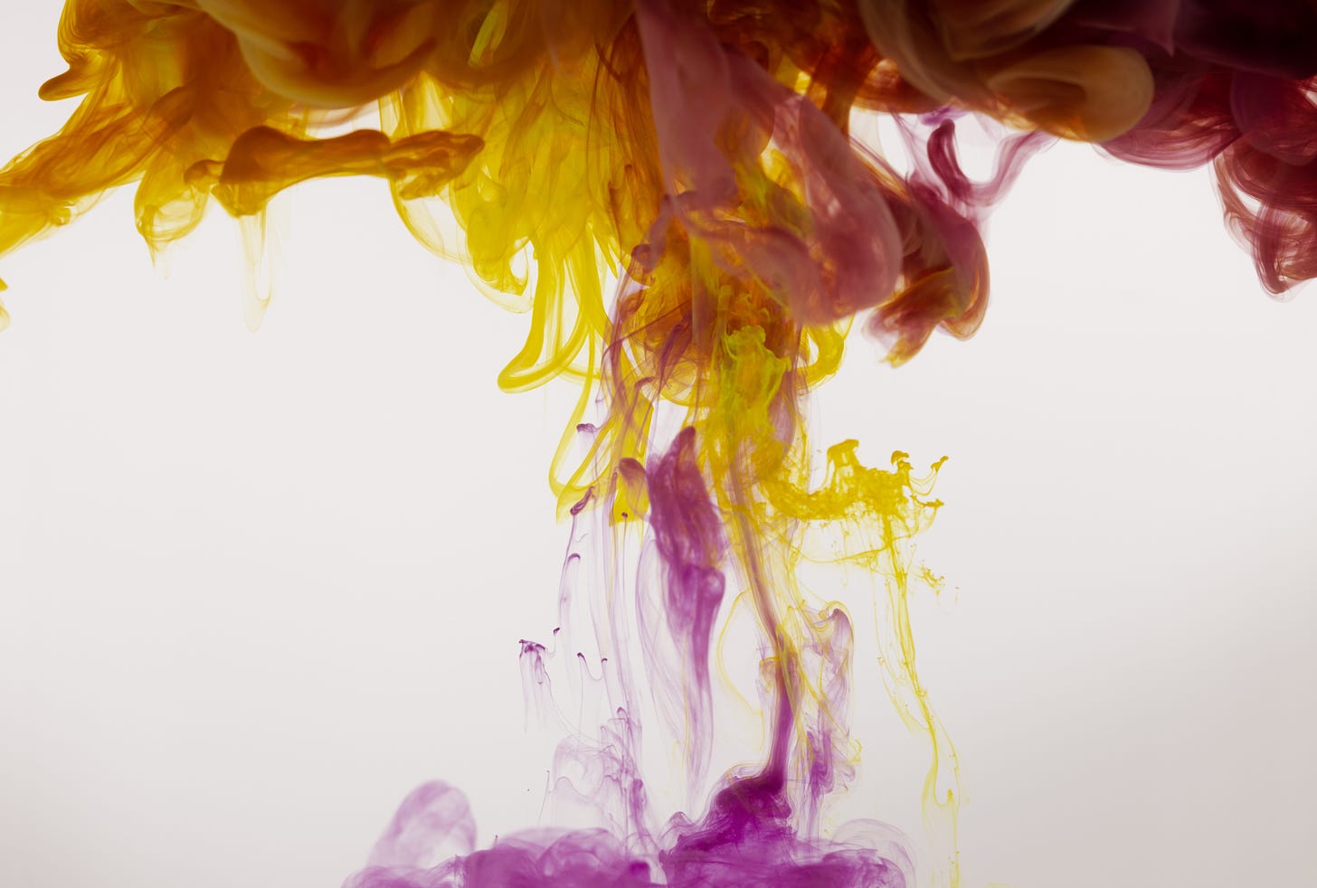 Photo of two different colored dyes swirling together in water, occupying the same space togehter