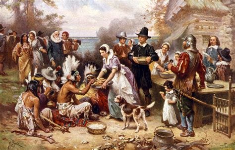 The first Thanksgiving 1621 . Pilgrims and Natives gather to share meal. - The Roosevelt Review