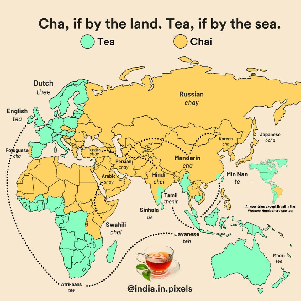 The countries that got tea via China through the Silk Road (land) referred  to it in various forms of the word "cha". On the other hand, the countries  that traded with China