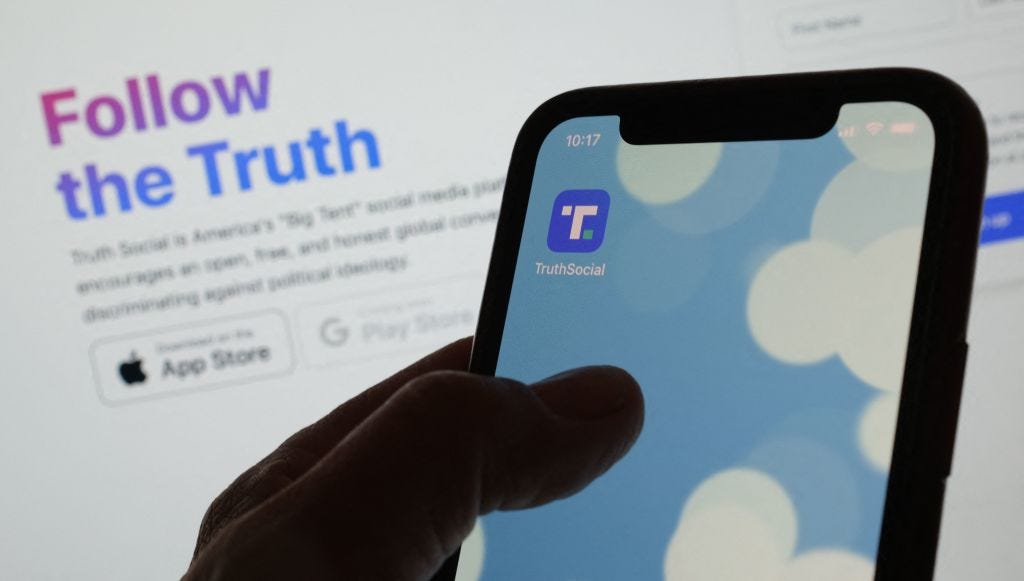 This illustration photo shows Donald Trump's new social media app Truth SocialÕs logo on a smartphone in Los Angeles, February 21, 2022. - (Chris Delmas / Getty Images)