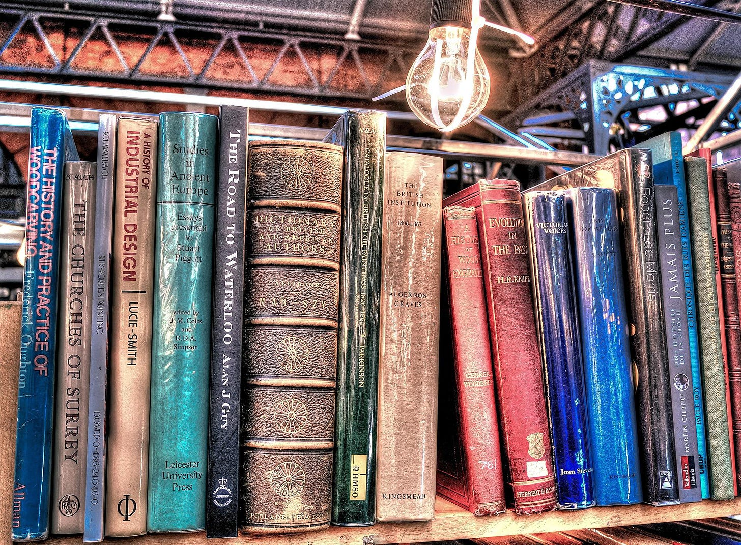 A shelf of colorful books on a wooden shelf, lit by an Edison-style lightbulb.