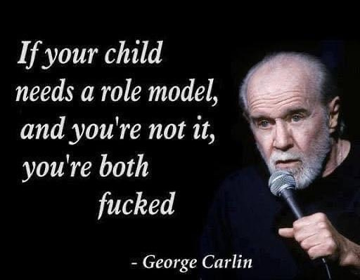 May be an image of 1 person and text that says 'If your child needs a role model, and you're not it, you're both fucked -George Carlin'