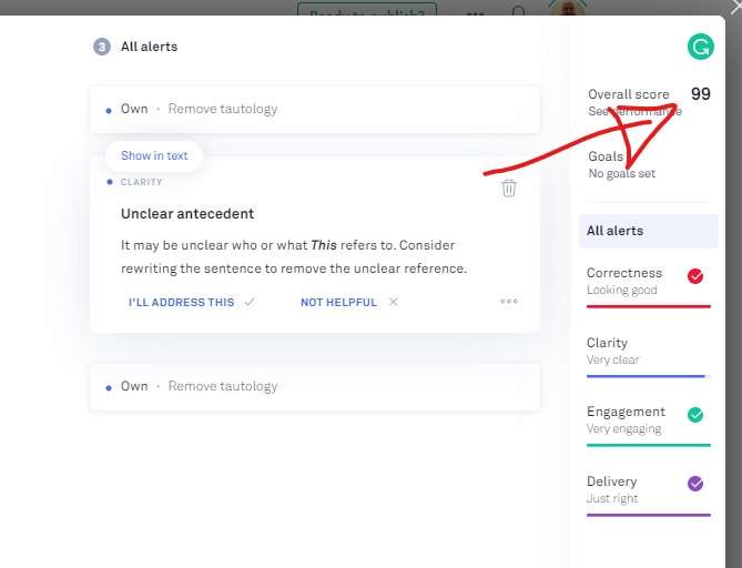 Screenshot of Grammarly popup window