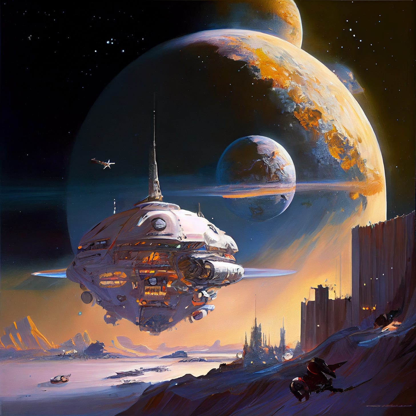 future world, starships, space, planets, humans, stars, similar to Robert McCall paintings