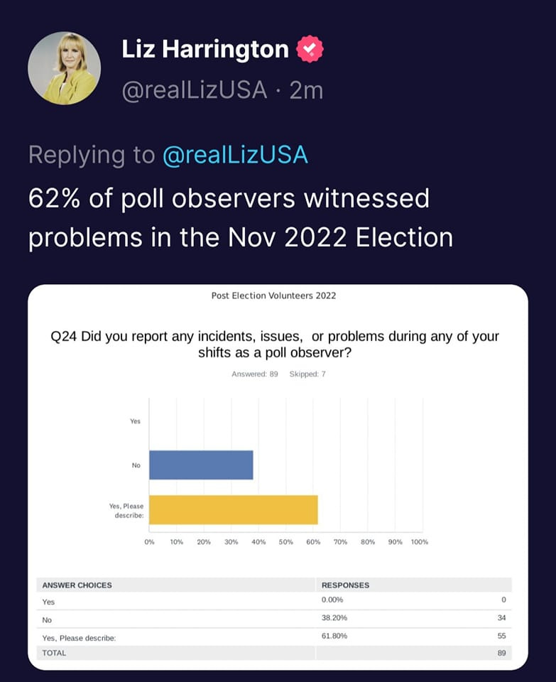 May be a Twitter screenshot of 1 person and text that says 'Liz Harrington @realLizUSA 2m Replying to @realLizUSA 62% of poll observers witnessed problems in the Nov 2022 Election Post Election Volunteers 2022 Q24 Did you report any incidents, issues, or problems during any of your shifts as poll observer? Answered: 89 Skipped: No Yes, Please describe: 10% 20% 30% 40% 50% ANSWER CHOICES 60% 70% 90% 100% Yes, Please describe: TOTAL RESPONSES 00% 38.20% 61.80% 34'