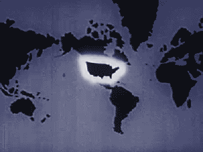 A clip from a '50s cartoon. It shows the continental US beamed up in white. White arrows spread from the US across the globe. Question marks pop up at the other end of the rays.