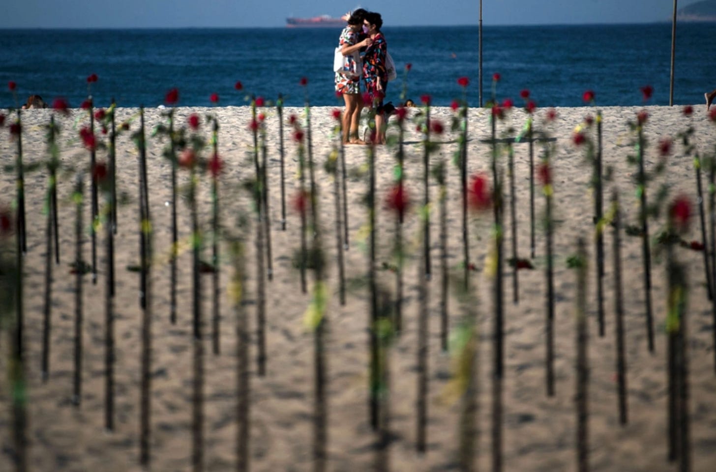 Two peopple talk on Copacabana beach, Rio de Janeiro. In the foreground, rows of single red roses have been stood upright in the sand in memory of Covid victims. A cargo ship passes at the horizon line behind the people, further out to sea.