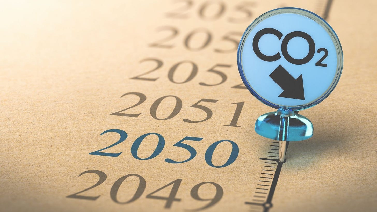 a pin suggesting that CO2 emission should be down by 2050