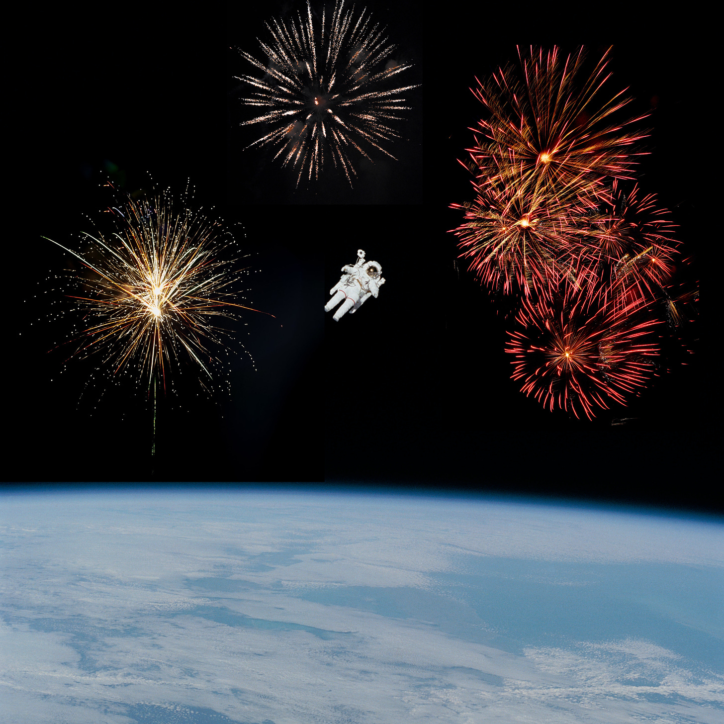 A composite image showing an astronaut in space suit floating above the Earth's surface as fireworks explode around him