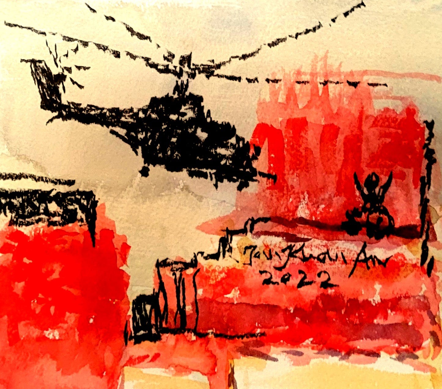 Watercolour image shows a black outline of an attack helicopter facing a small outline of a wheelchair user with their hands up. The wheelchair user is on an elevated building, with the backgrounds to the buildings drenched in red.
