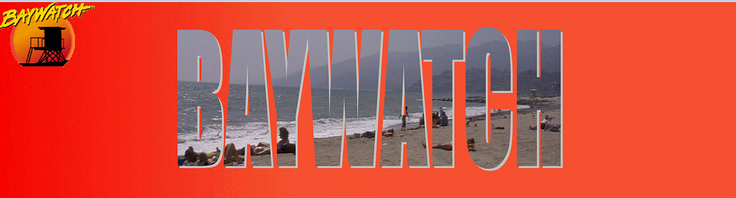 Baywatch logo -- text of Baywatch with an image of the ocean and beach filling in the letters.