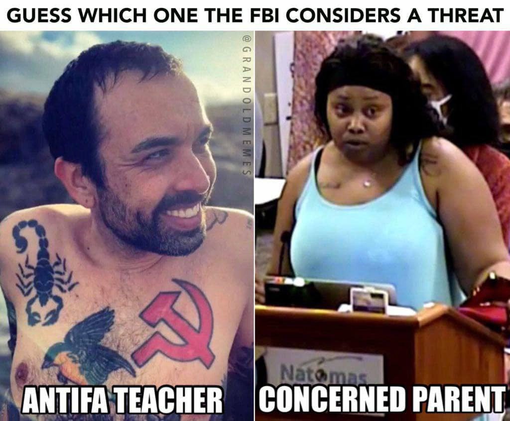 May be an image of ‎2 people and ‎text that says '‎GUESS WHICH ONE THE 5 FBI CONSIDERS A THREAT ی 父 ANTIFA TEACHER Natomas CONCERNED PARENT‎'‎‎