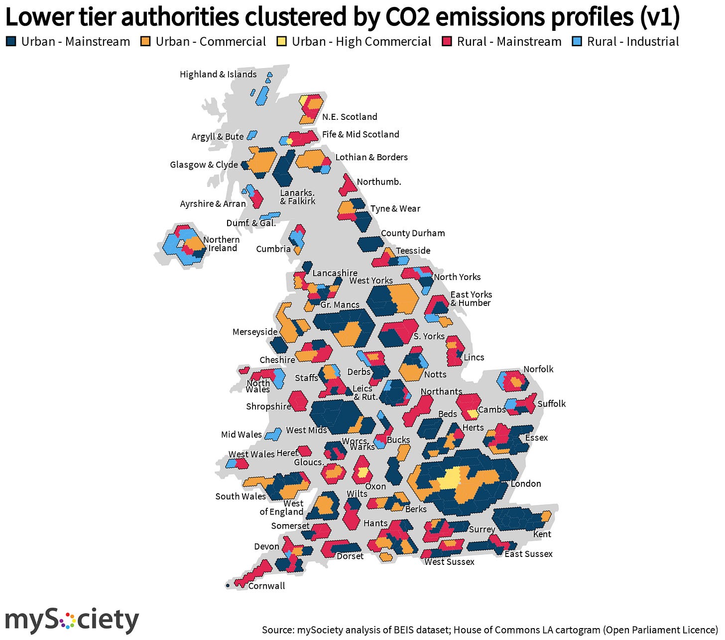 Map of different labelled clusters of Emissions profiles in the UK