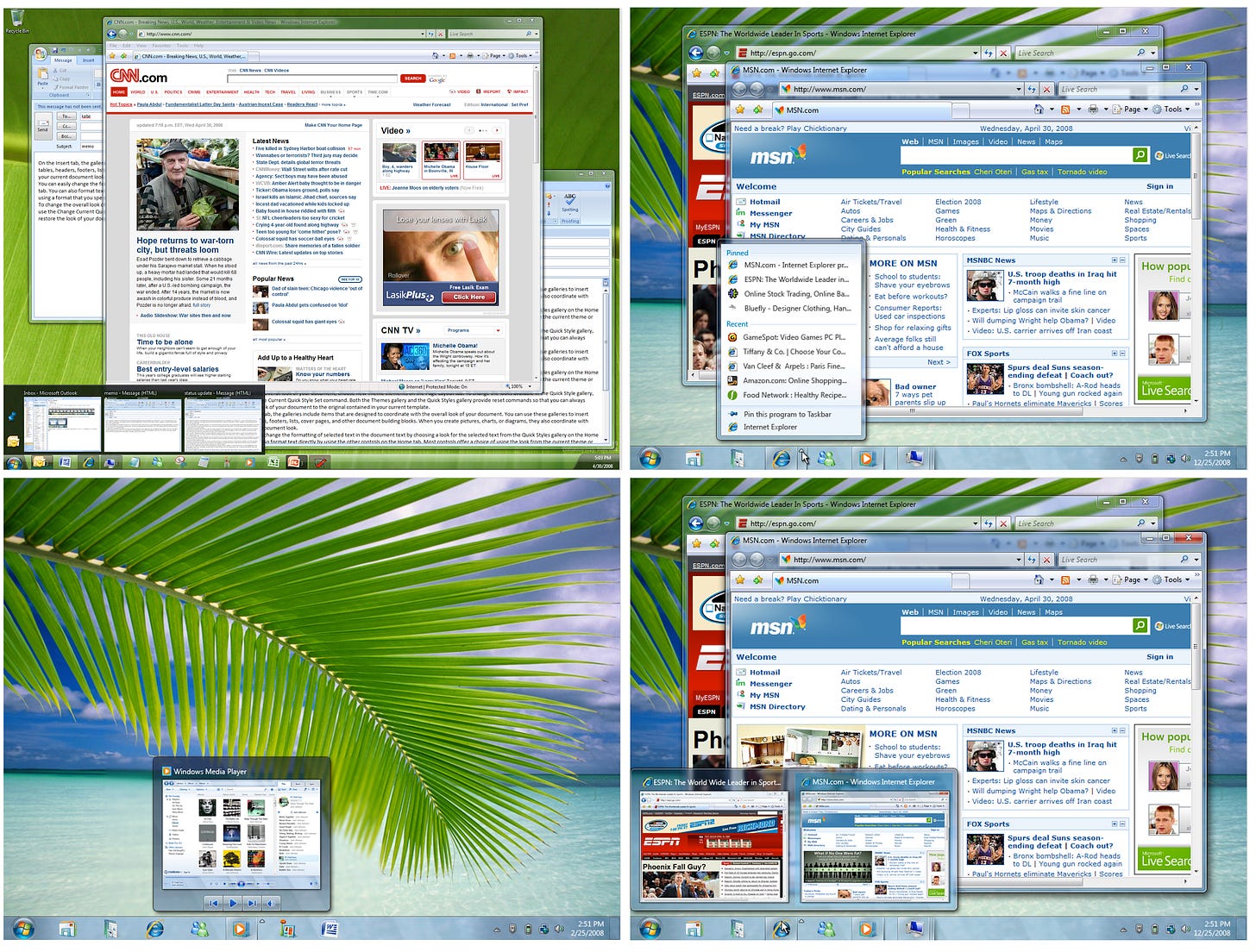 Four screenshots showing the new Windows 7 Superbar in action: one showing an app with multiple windows, one showing Internet Explorer with multiple tabs. Both of those show how hovering the mouse at the superbar shows small window previews. A third showing the Windows Media Player with a preview of album art and audio play controls. A fourth showing the "jump list" right click feature to open recent items or execute app specific commands.