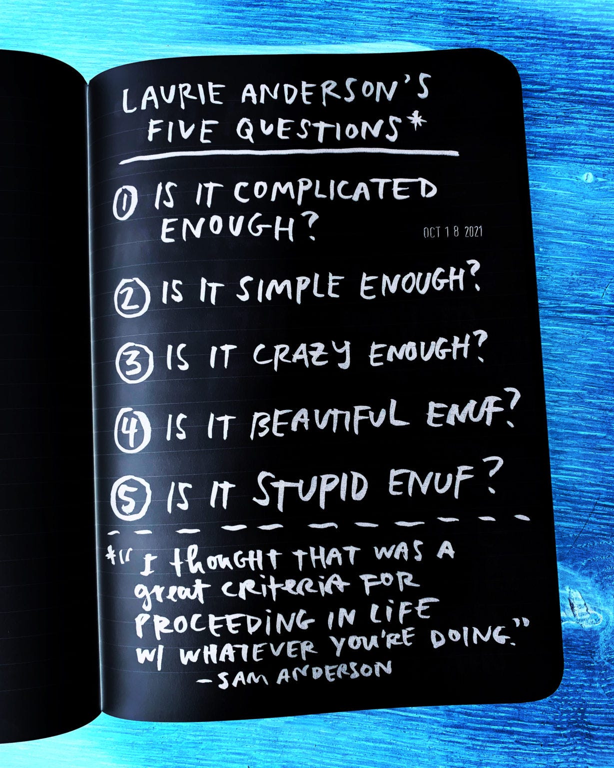 a list of Laurie Anderson’s five questions