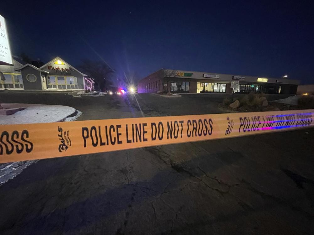 Crime tape is set up near a gay nightclub in Colorado Springs, Colo. where a shooting occurred late Saturday, Nov. 19, 2022. (AP Photo/Thomas Peipert)