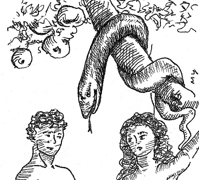 Drawing of Adam and Eve gesturing to the fruit on the tree. A serpent was coiled up, and hung its head down towards Adam & Eve, seemingly tempting them.