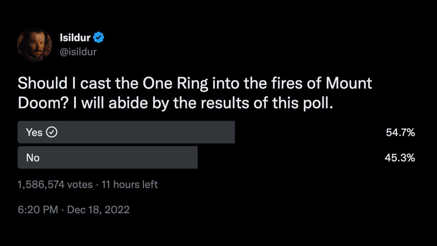 Isildur (@isildur) tweets:

Should I cast the One Ring into the fires of Mount Doom? I will abide by the results of this poll.

Yes: 54.7%
No: 45.3%