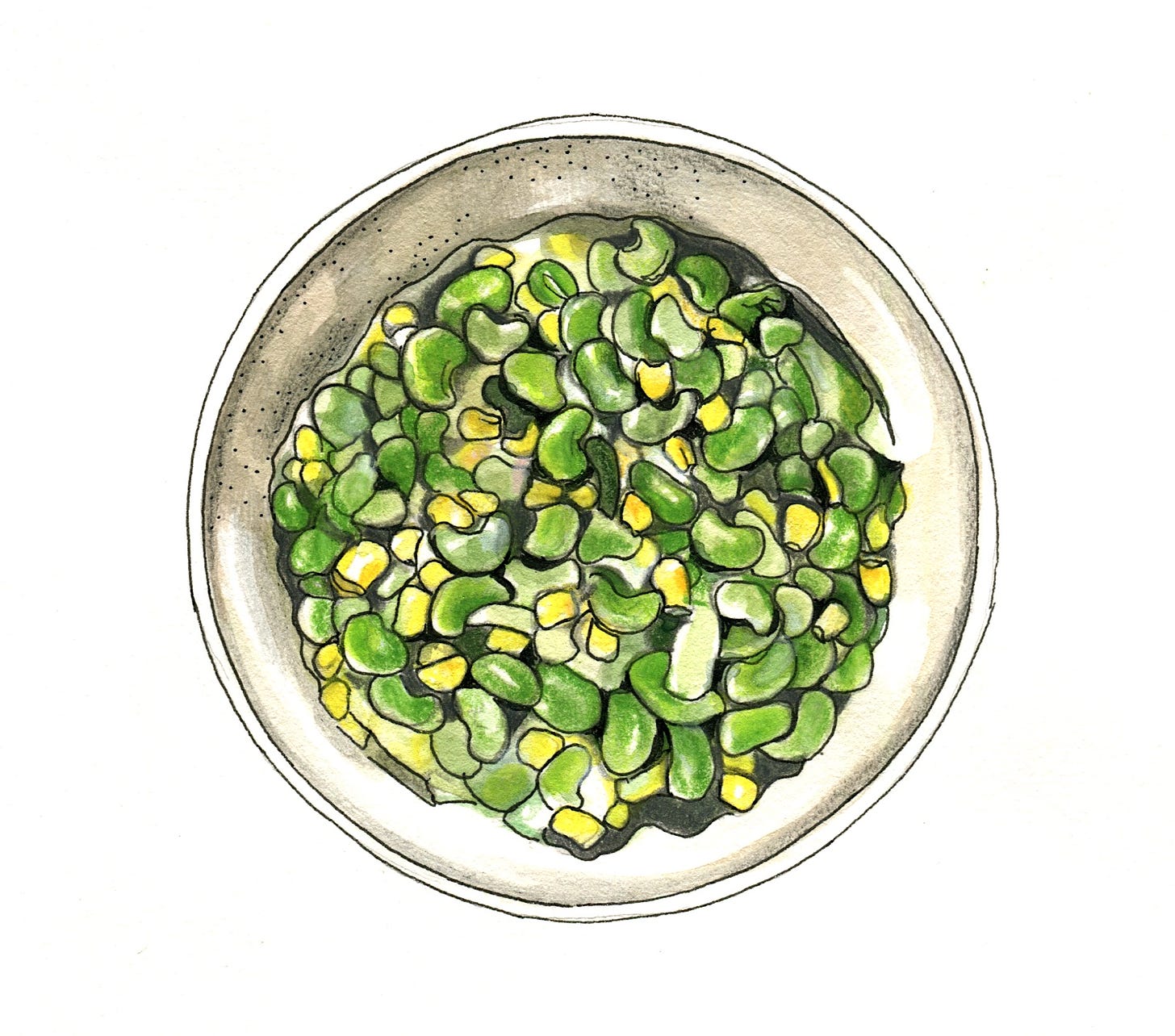 watercolor painting of a bowl of succotash, lots of green lima beans and bright yellow kernels of corn 