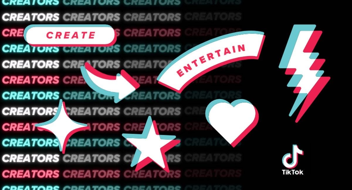 A graphic from TikTok creators showing a lightning bolt, a heart and a star with a box saying CREATE and another one saying ENTERTAIN