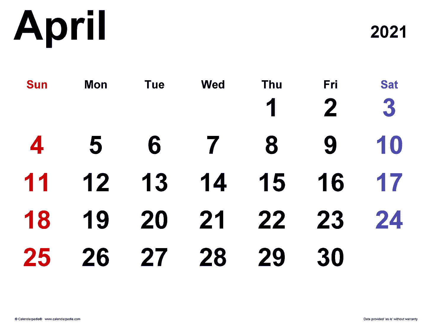 April 2021 Calendar | Templates for Word, Excel and PDF