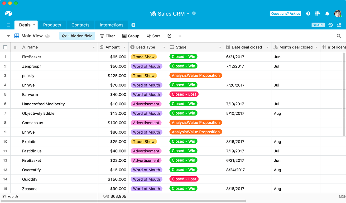 Screenshot of the Airtable GUI. An example of a Sales CRM.